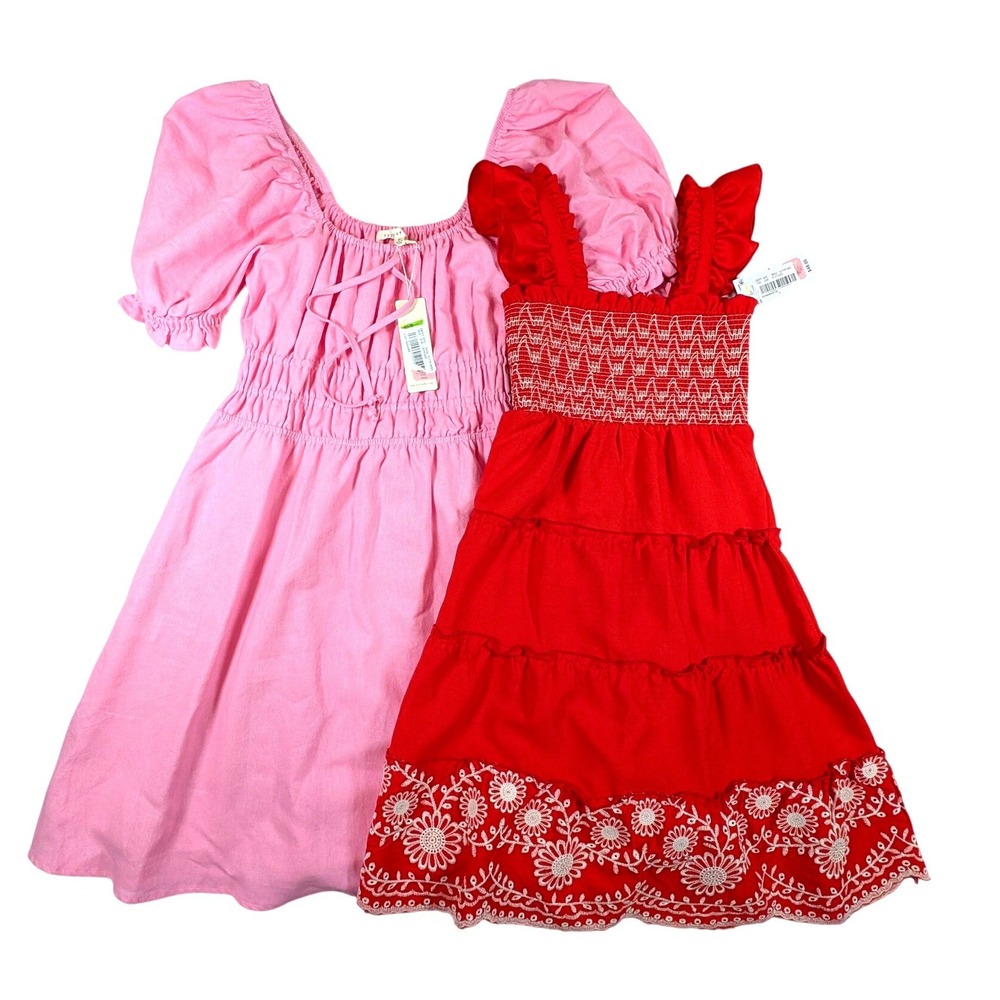 Copper Key Pink Linen & GB Girls Red Embroidered Tiered Dress Bundle of 2 Small